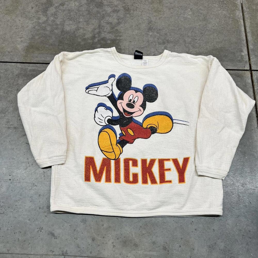 Disney Cream Mickey Graphic Sweatshirt with Red, Yellow, Blue Accents